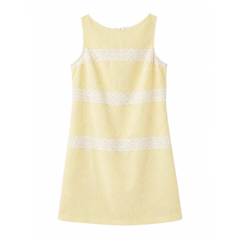 London Times Yellow Seersucker Dress Size 8 Sleeveless Lace Detail Shift Resort - Picture 2 of 8
